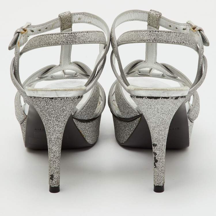 Pre Owned Saint Laurent Silver Glitter and Leather Tribute Platform Sandals Size 36