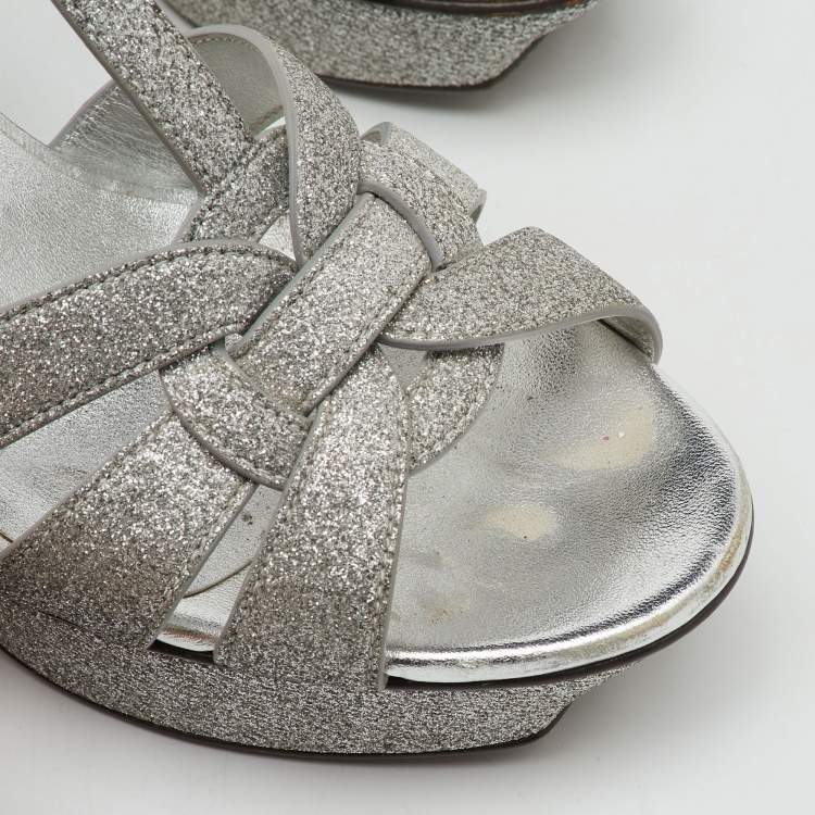Pre Owned Saint Laurent Silver Glitter and Leather Tribute Platform Sandals Size 36