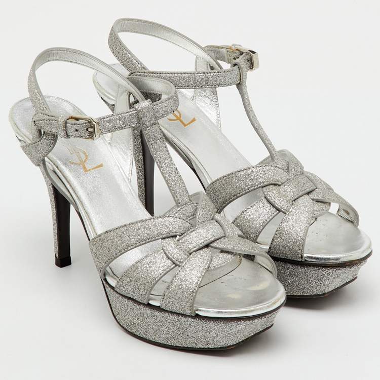 Pre Owned Saint Laurent Silver Glitter and Leather Tribute Platform Sandals Size 36