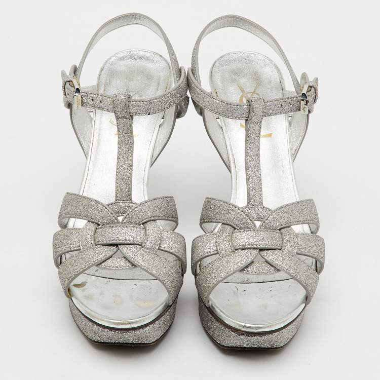 Pre Owned Saint Laurent Silver Glitter and Leather Tribute Platform Sandals Size 36