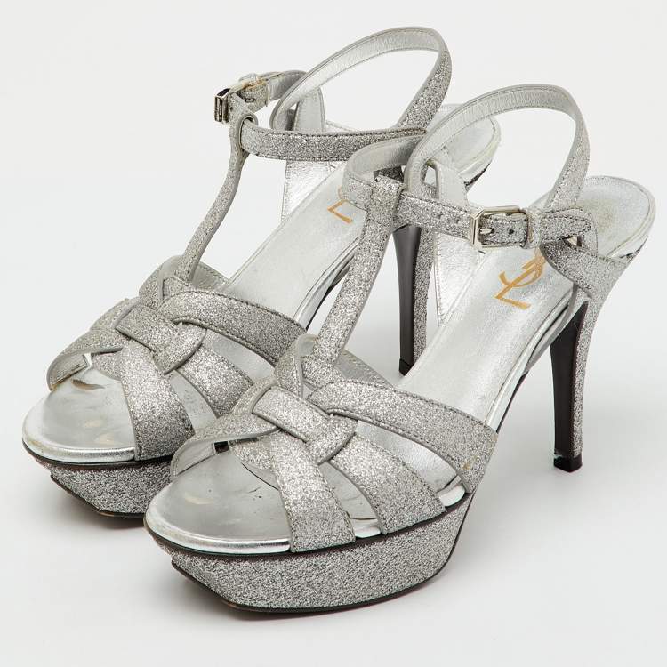 Pre Owned Saint Laurent Silver Glitter and Leather Tribute Platform Sandals Size 36
