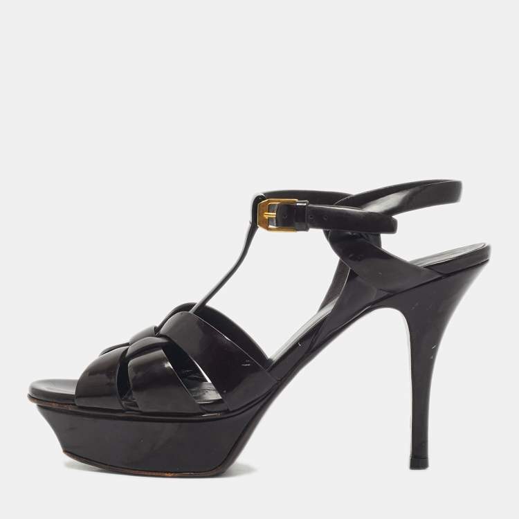 Pre Owned Saint Laurent  Burgundy Patent Leather Tribute Platform Sandals Size 37