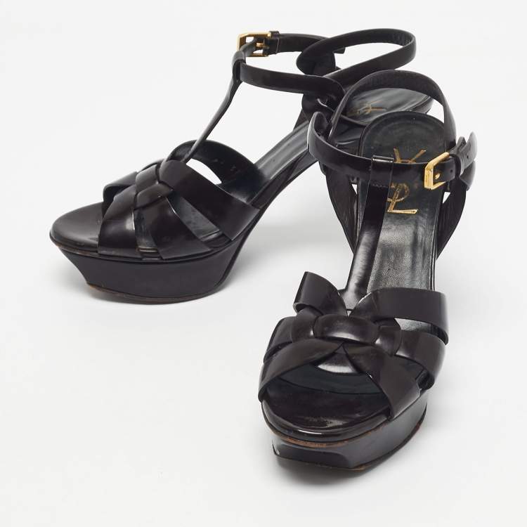 Pre Owned Saint Laurent  Burgundy Patent Leather Tribute Platform Sandals Size 37