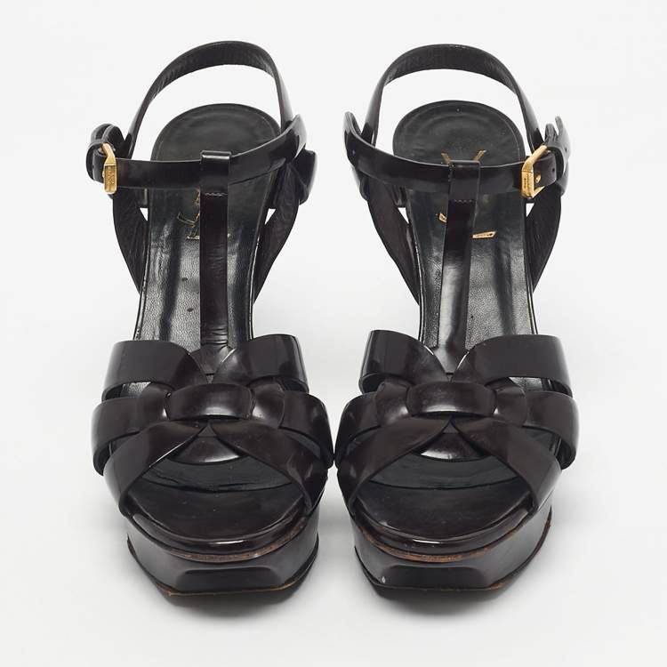 Pre Owned Saint Laurent  Burgundy Patent Leather Tribute Platform Sandals Size 37