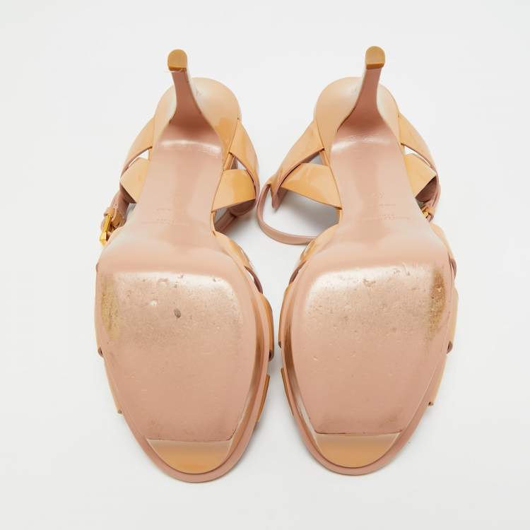 Pre Owned  Saint Laurent Beige Patent Leather Tribute Platform Sandals Size 39