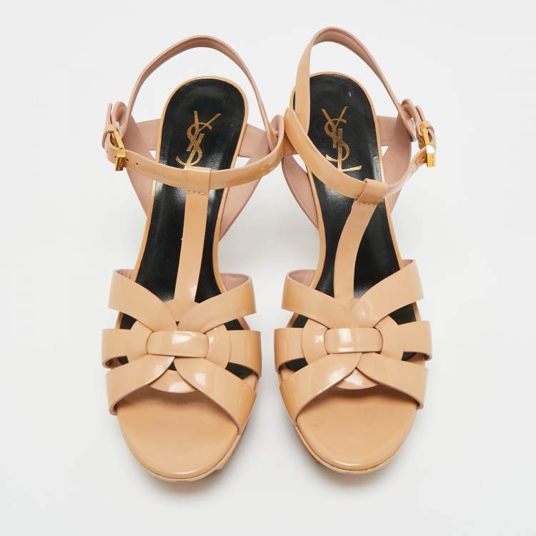 Pre Owned  Saint Laurent Beige Patent Leather Tribute Platform Sandals Size 39