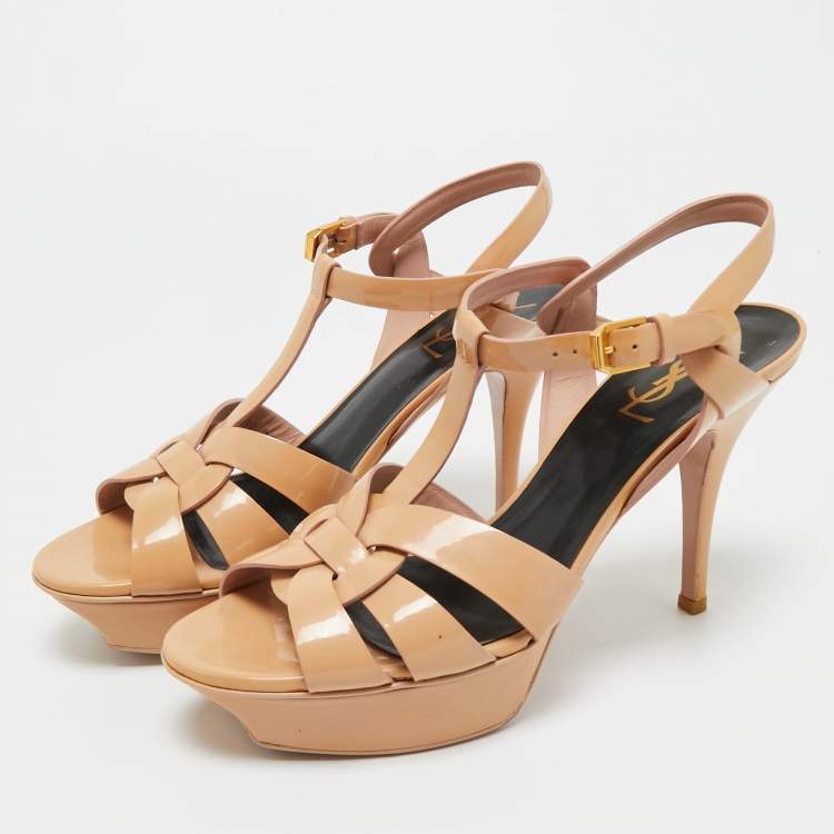 Pre Owned  Saint Laurent Beige Patent Leather Tribute Platform Sandals Size 39
