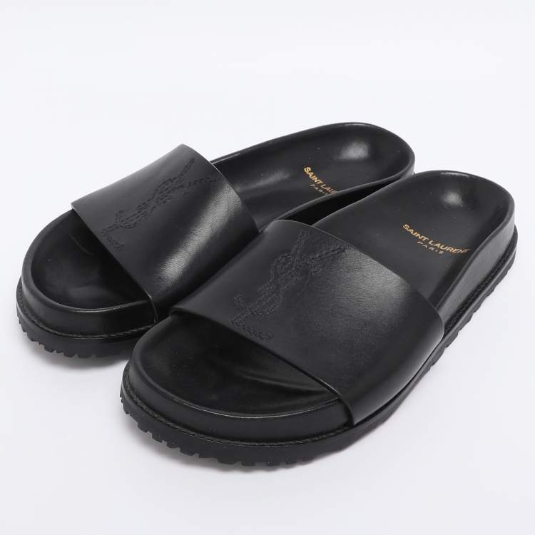 Pre Owned Saint Laurent Black Leather JImmy Logo Pool Slide Sandals Size 35