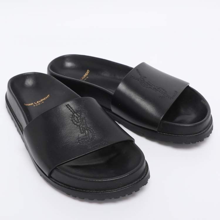 Pre Owned Saint Laurent Black Leather JImmy Logo Pool Slide Sandals Size 35