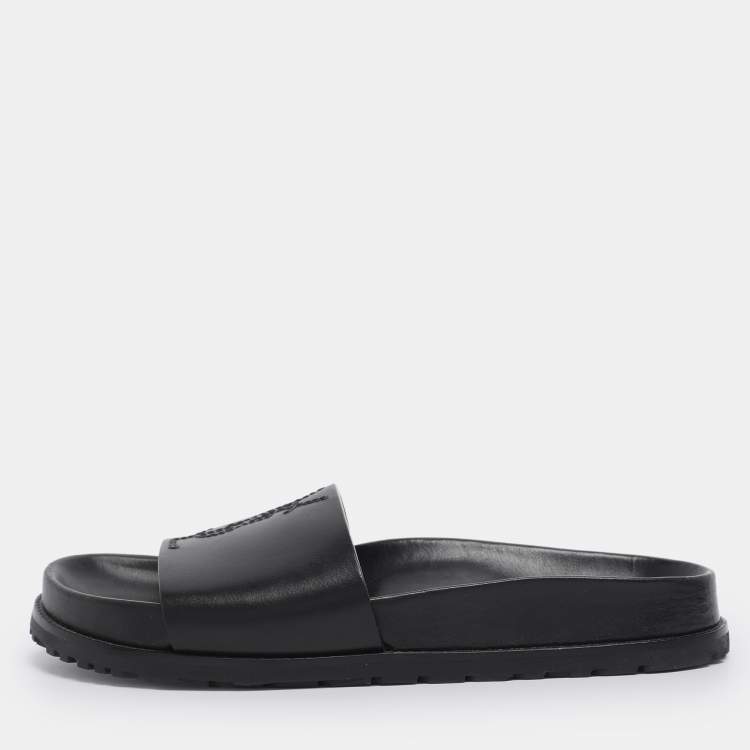 Pre Owned Saint Laurent Black Leather JImmy Logo Pool Slide Sandals Size 35
