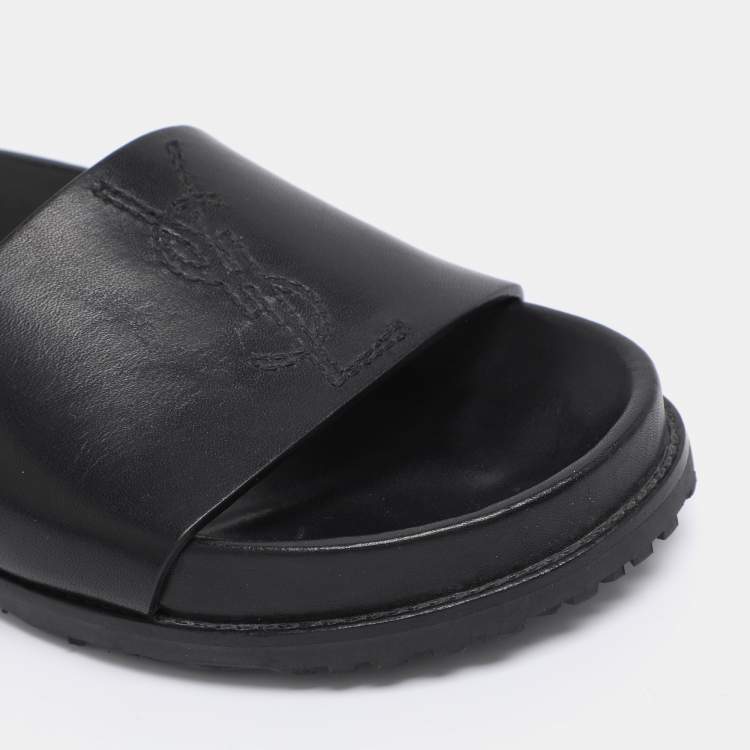 Pre Owned Saint Laurent Black Leather JImmy Logo Pool Slide Sandals Size 35