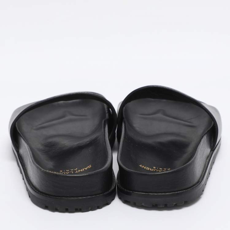 Pre Owned Saint Laurent Black Leather JImmy Logo Pool Slide Sandals Size 35