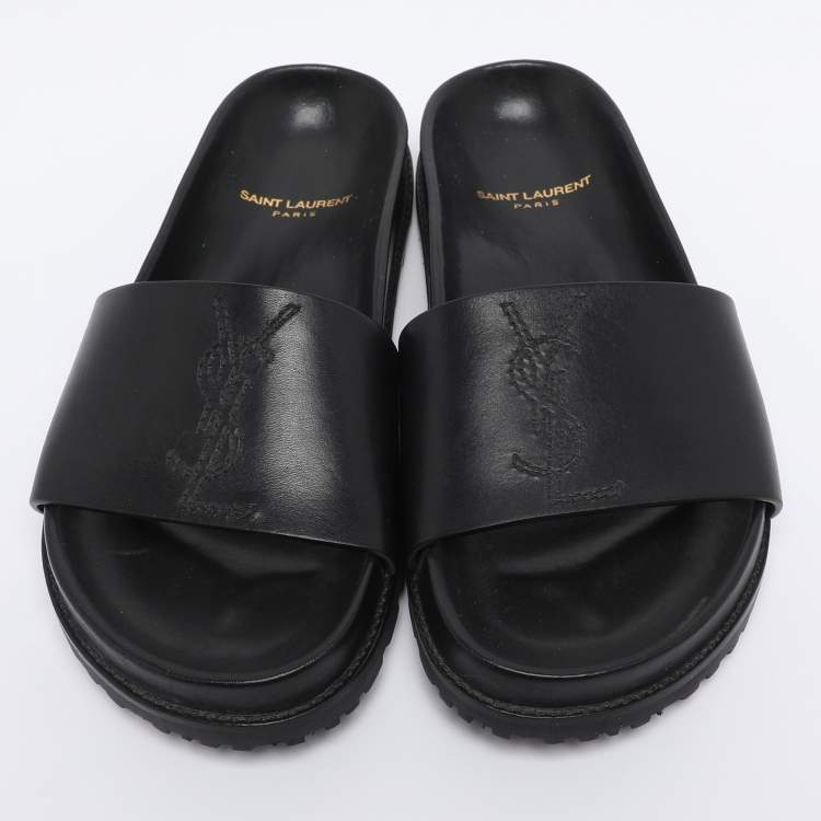 Pre Owned Saint Laurent Black Leather JImmy Logo Pool Slide Sandals Size 35