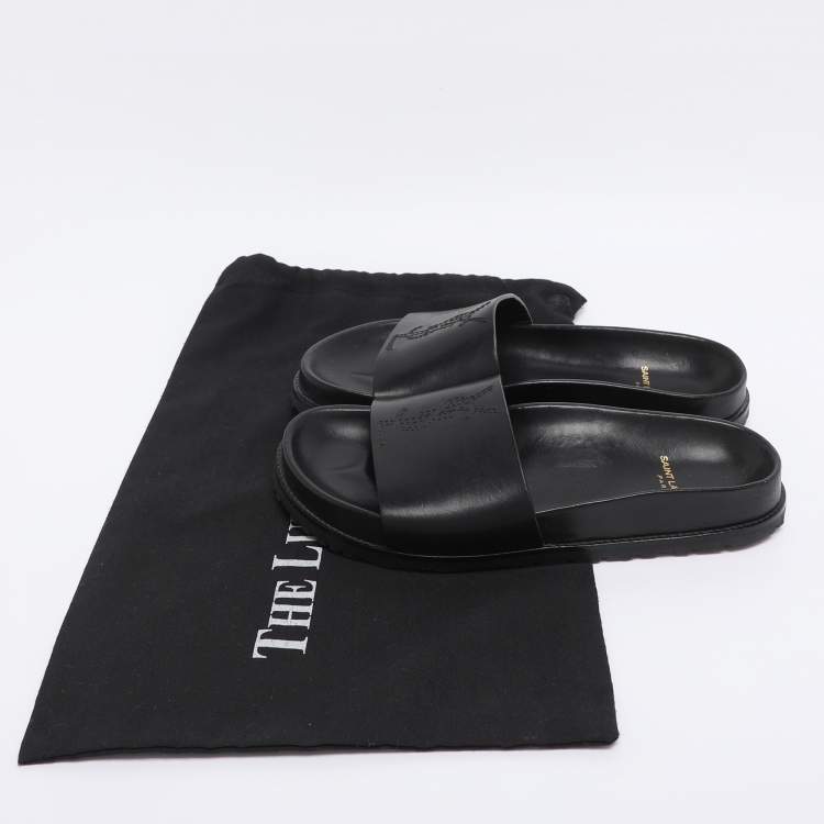 Pre Owned Saint Laurent Black Leather JImmy Logo Pool Slide Sandals Size 35