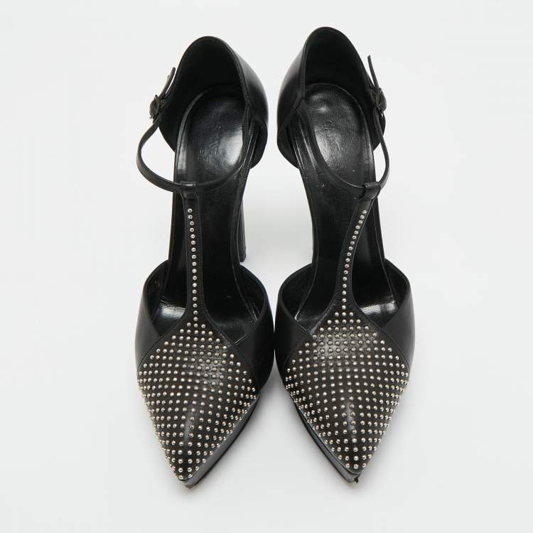 Pre Owned Saint Laurent Black Leather Studded T-Bar Janis Platform Pumps 36.5