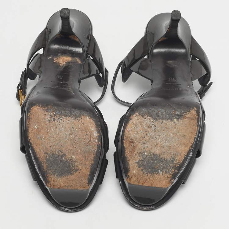 Pre Owned Saint Laurent Grey Patent Leather Tribute Platform Sandals Size 38