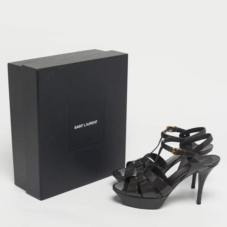 Pre Owned Saint Laurent Grey Patent Leather Tribute Platform Sandals Size 38