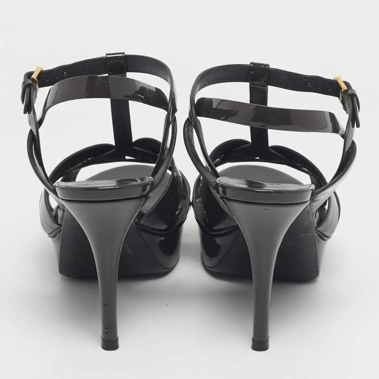 Pre Owned Saint Laurent Grey Patent Leather Tribute Platform Sandals Size 38