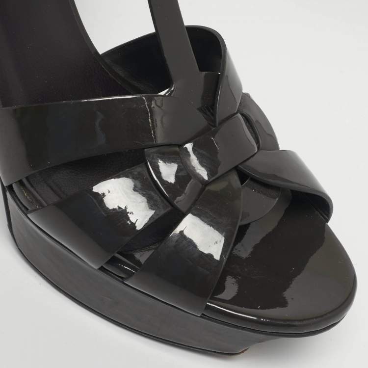 Pre Owned Saint Laurent Grey Patent Leather Tribute Platform Sandals Size 38