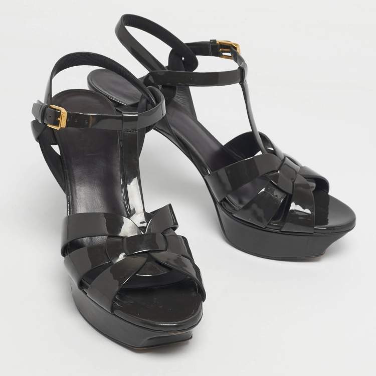 Pre Owned Saint Laurent Grey Patent Leather Tribute Platform Sandals Size 38