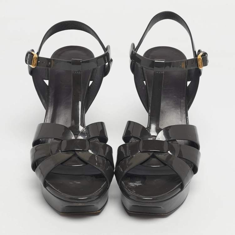 Pre Owned Saint Laurent Grey Patent Leather Tribute Platform Sandals Size 38