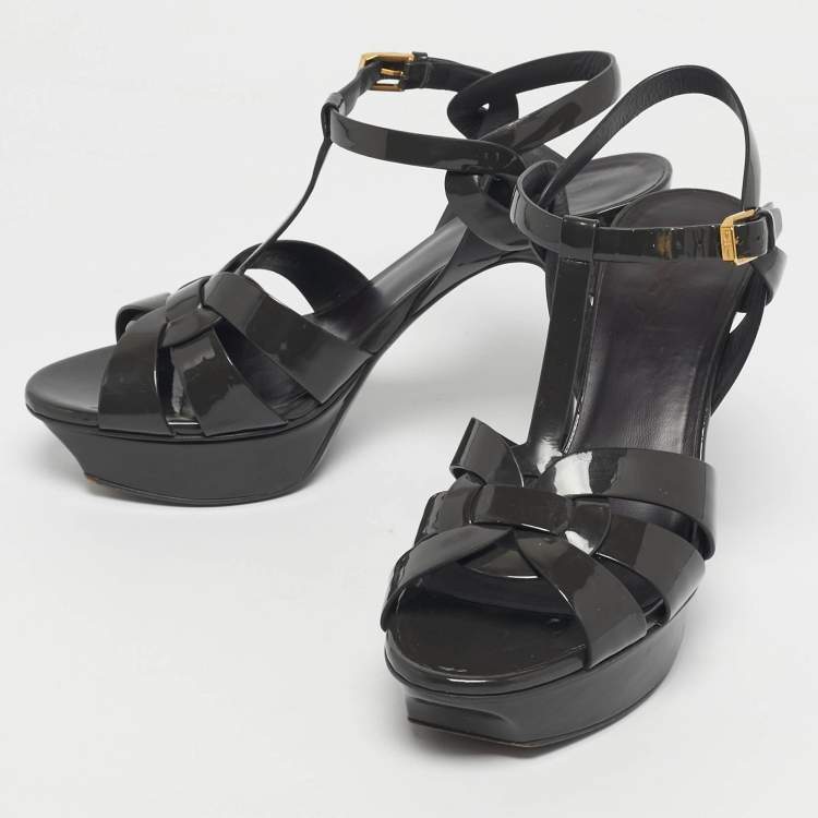 Pre Owned Saint Laurent Grey Patent Leather Tribute Platform Sandals Size 38