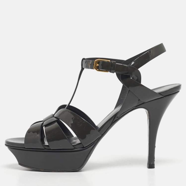 Pre Owned Saint Laurent Grey Patent Leather Tribute Platform Sandals Size 38