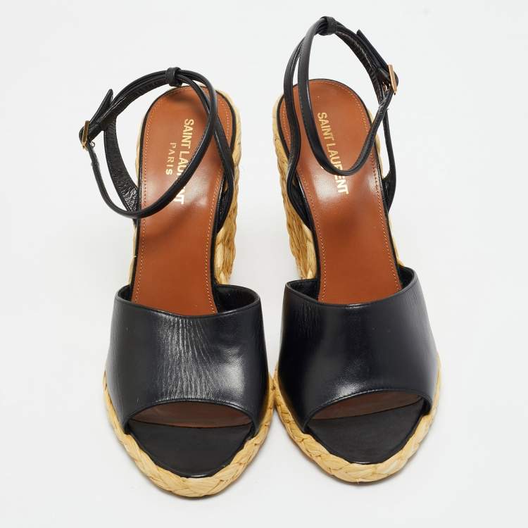 Pre Owned Saint Laurent Black Leather Wedge Espadrille Sandals Size 40.5