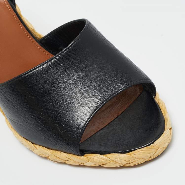 Pre Owned Saint Laurent Black Leather Wedge Espadrille Sandals Size 40.5