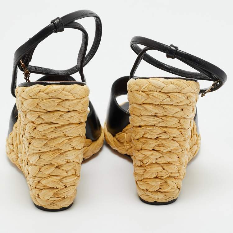 Pre Owned Saint Laurent Black Leather Wedge Espadrille Sandals Size 40.5