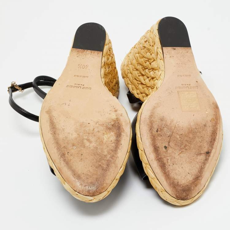 Pre Owned Saint Laurent Black Leather Wedge Espadrille Sandals Size 40.5