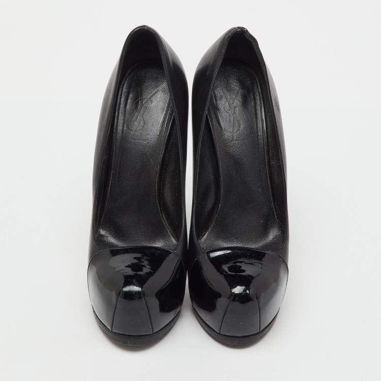 Pre Owned Saint Laurent Black Leather and Patent Leather Cap Toe Tribtoo Platform Pumps Size 38
