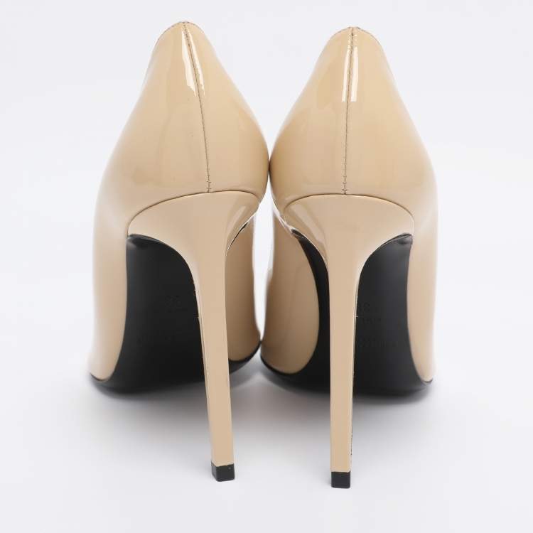 Pre Owned Saint Laurent Beige Patent Leather Anja Pointed Toe Pumps Size 38
