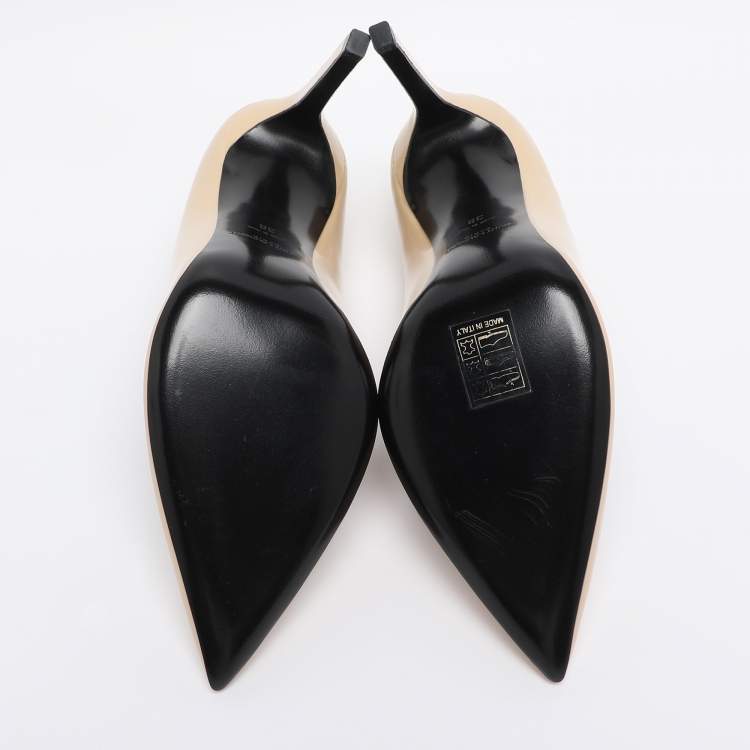 Pre Owned Saint Laurent Beige Patent Leather Anja Pointed Toe Pumps Size 38