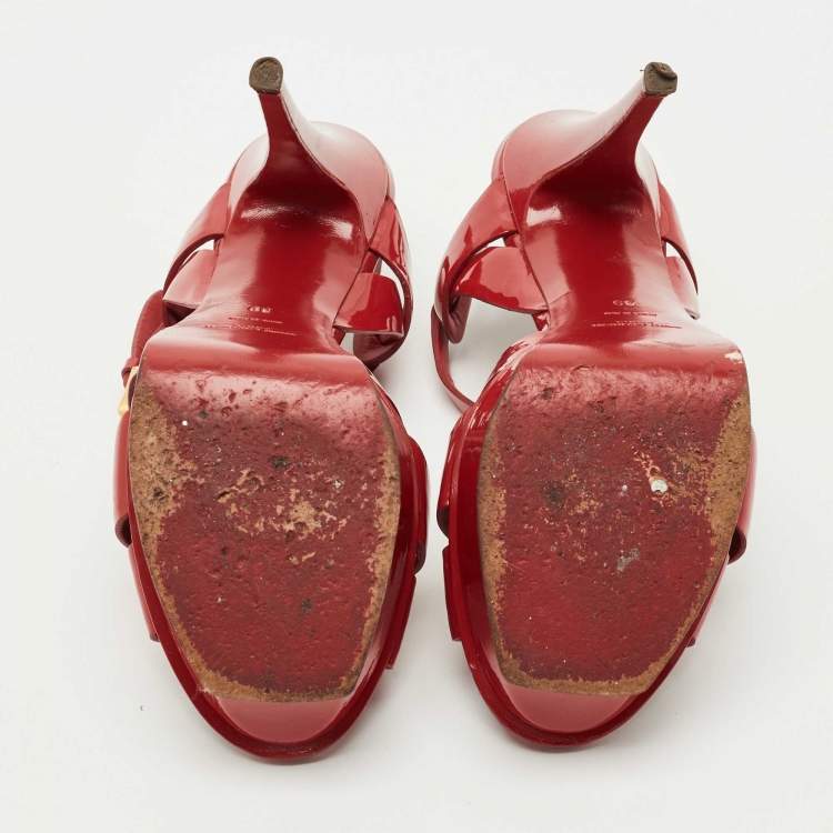 Pre Owned Saint Laurent  Red Patent Leather Tribute Platform Sandals Size 39