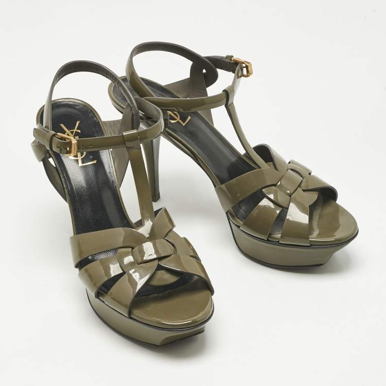 Pre Owned Saint Laurent Green Patent Leather Platform Sandals Size 39