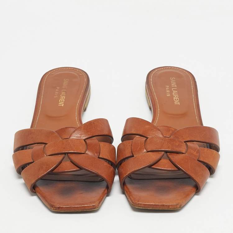 Pre Owned Saint Laurent Brown Leather Tribute Flat Slides Size 38.5