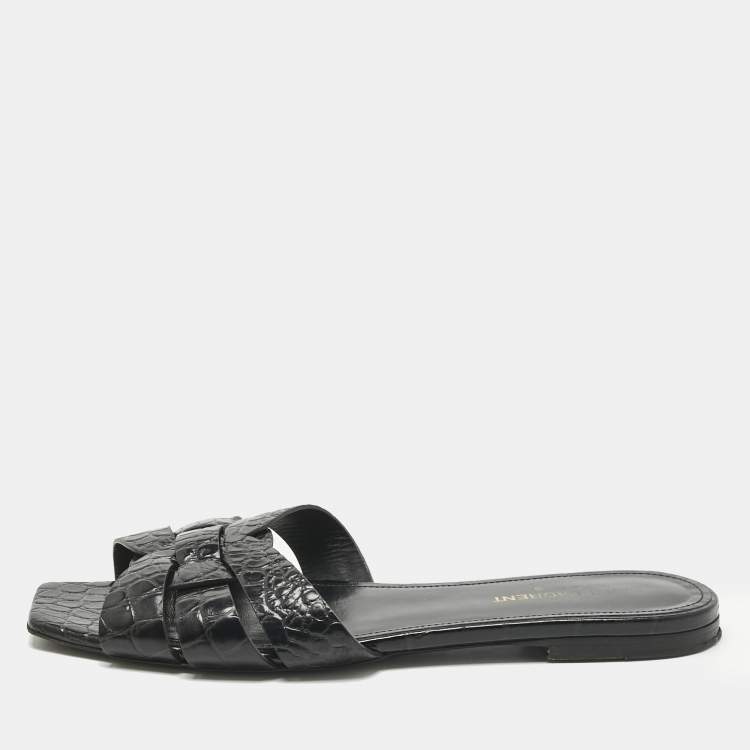 مملوكة مسبقًا Saint Laurent Black Croc Embossed Patent Leather Tribute Flat Slides Size 38.5
