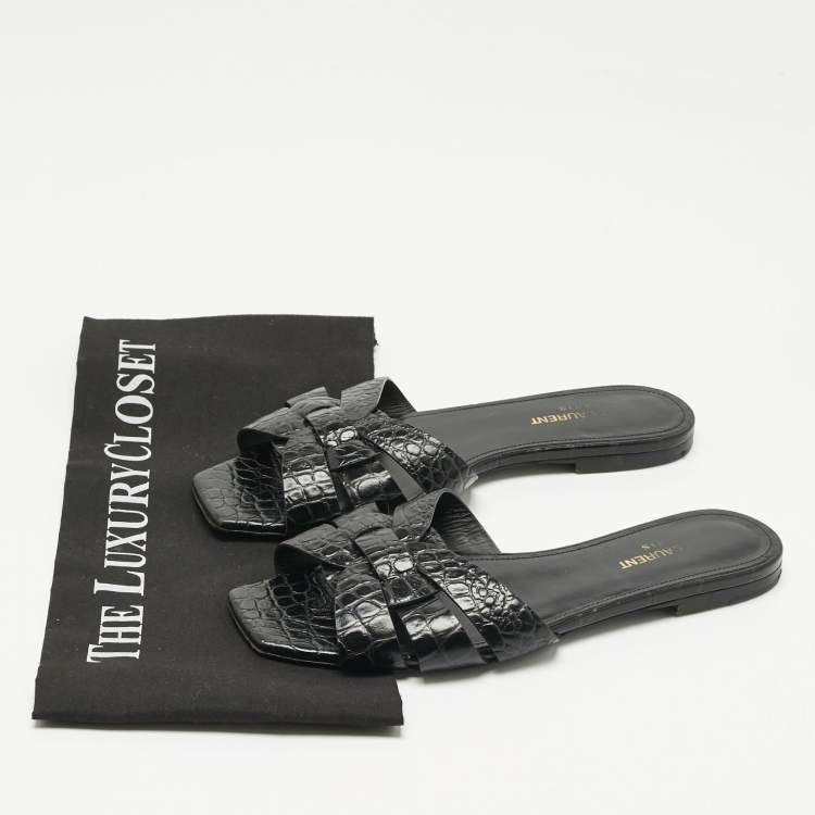 مملوكة مسبقًا Saint Laurent Black Croc Embossed Patent Leather Tribute Flat Slides Size 38.5