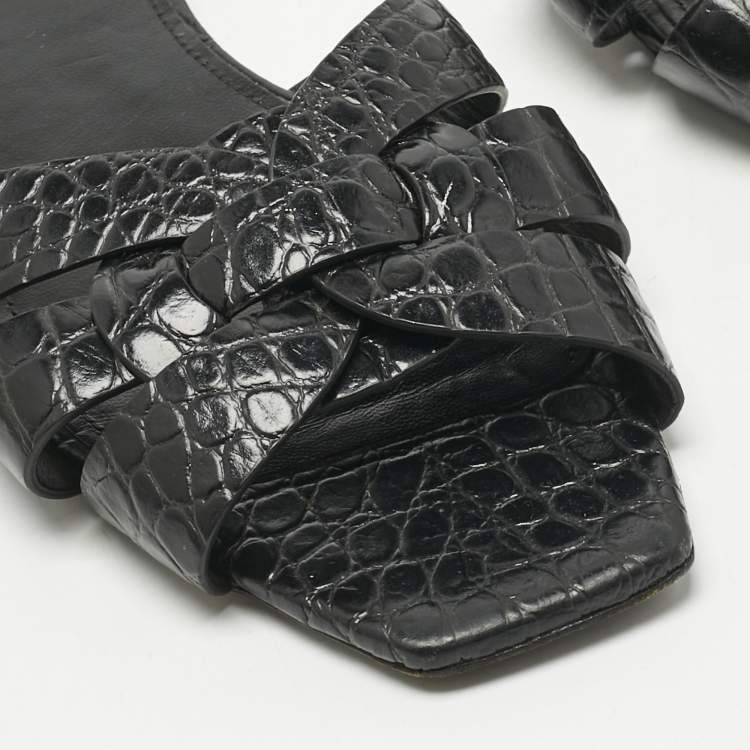 مملوكة مسبقًا Saint Laurent Black Croc Embossed Patent Leather Tribute Flat Slides Size 38.5