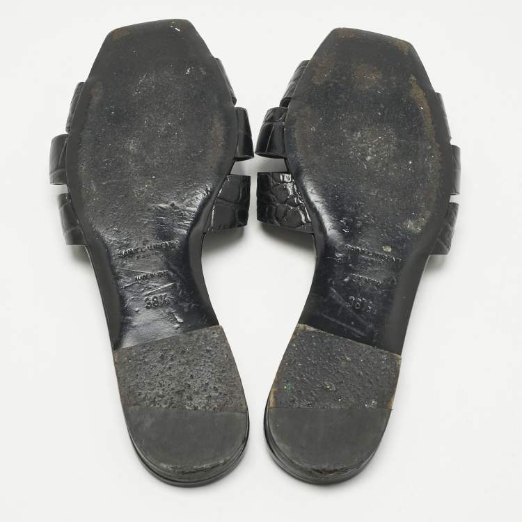 مملوكة مسبقًا Saint Laurent Black Croc Embossed Patent Leather Tribute Flat Slides Size 38.5