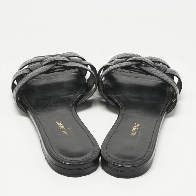 مملوكة مسبقًا Saint Laurent Black Croc Embossed Patent Leather Tribute Flat Slides Size 38.5