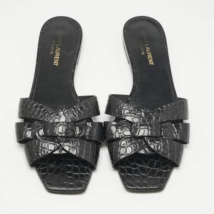 مملوكة مسبقًا Saint Laurent Black Croc Embossed Patent Leather Tribute Flat Slides Size 38.5