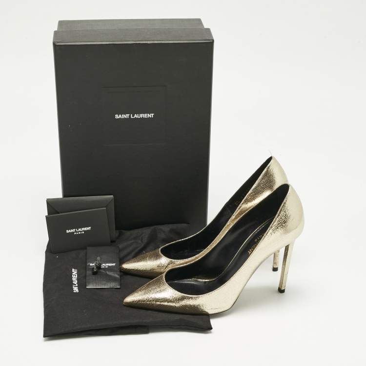 Pre Owned Saint Laurent Gold Texture Leather Anja Pointed Toe Pumps Size 39