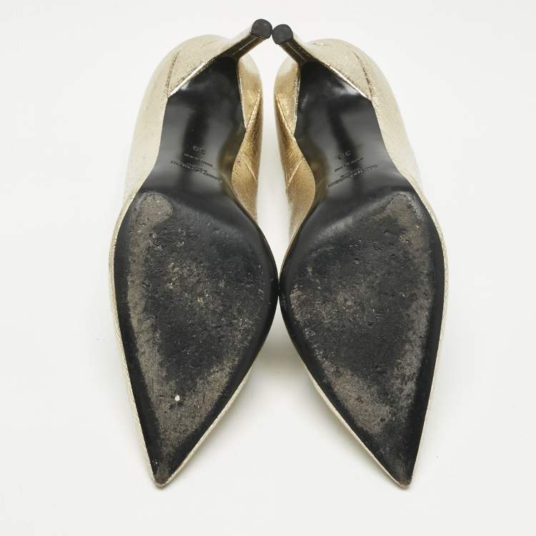 Pre Owned Saint Laurent Gold Texture Leather Anja Pointed Toe Pumps Size 39