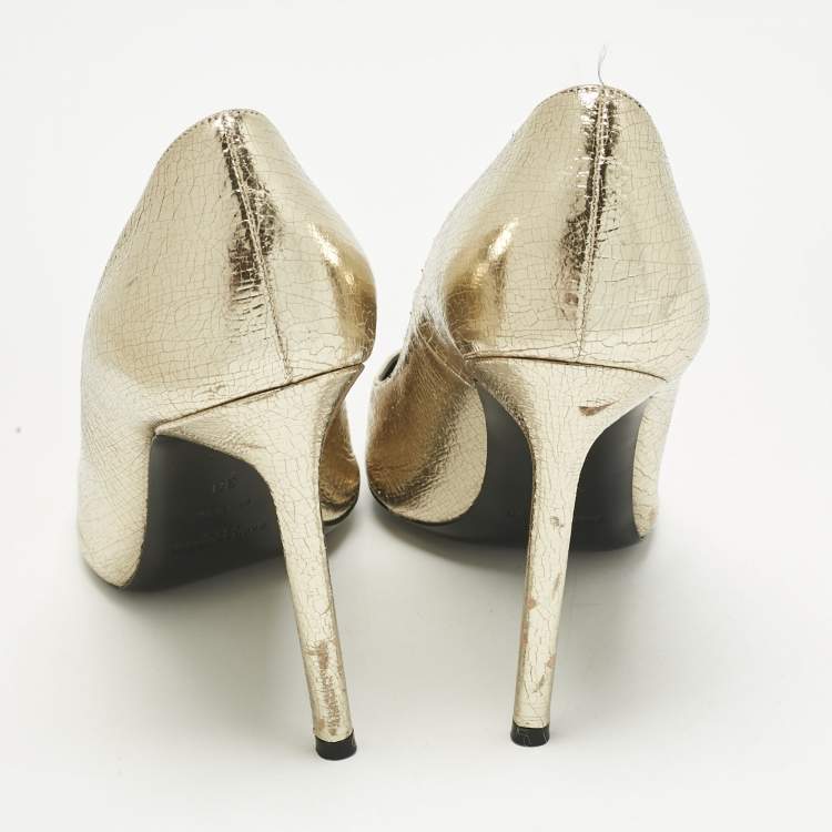 Pre Owned Saint Laurent Gold Texture Leather Anja Pointed Toe Pumps Size 39