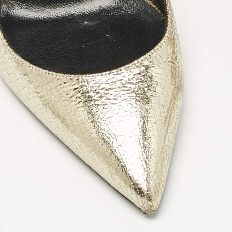Pre Owned Saint Laurent Gold Texture Leather Anja Pointed Toe Pumps Size 39