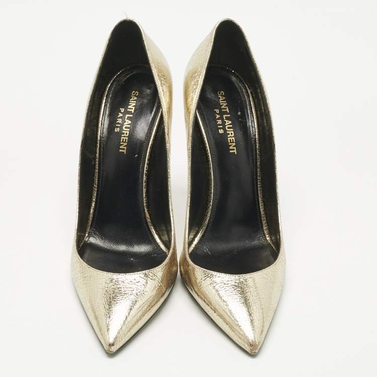 Pre Owned Saint Laurent Gold Texture Leather Anja Pointed Toe Pumps Size 39