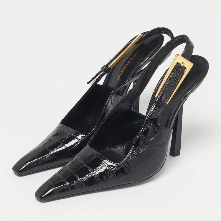Pre Owned Saint Laurent Black Crocodile Embossed Graham Slingback Pumps Size 36