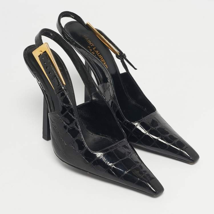Pre Owned Saint Laurent Black Crocodile Embossed Graham Slingback Pumps Size 36